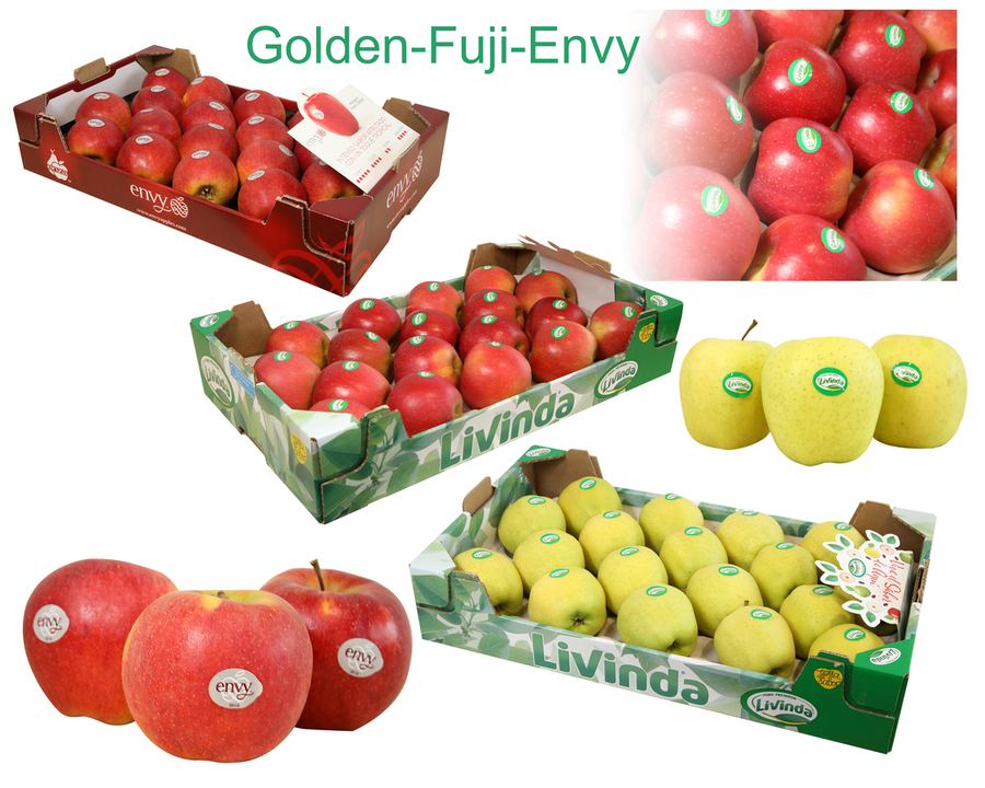 3 Cajas de 18 uds. variedades ENVY, FUJI Y GOLDEN DELICIUS. Peso aprox. 13,5 kg
