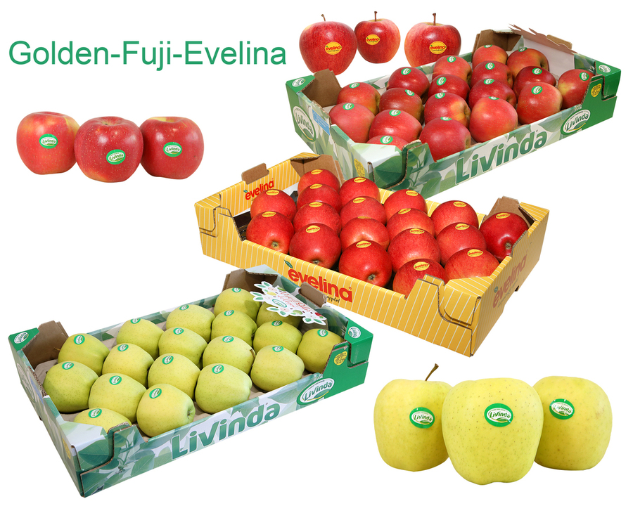 3 Cajas de 18 uds. variedades EVELINA, FUJI Y GOLDEN DELICIUS. Peso aprox. 13,5 kg